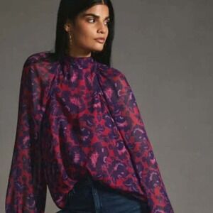 Maeve Anthropolgie Shirt Women XS Pink Floral Mock Neck Semi Sheer Elegant Party